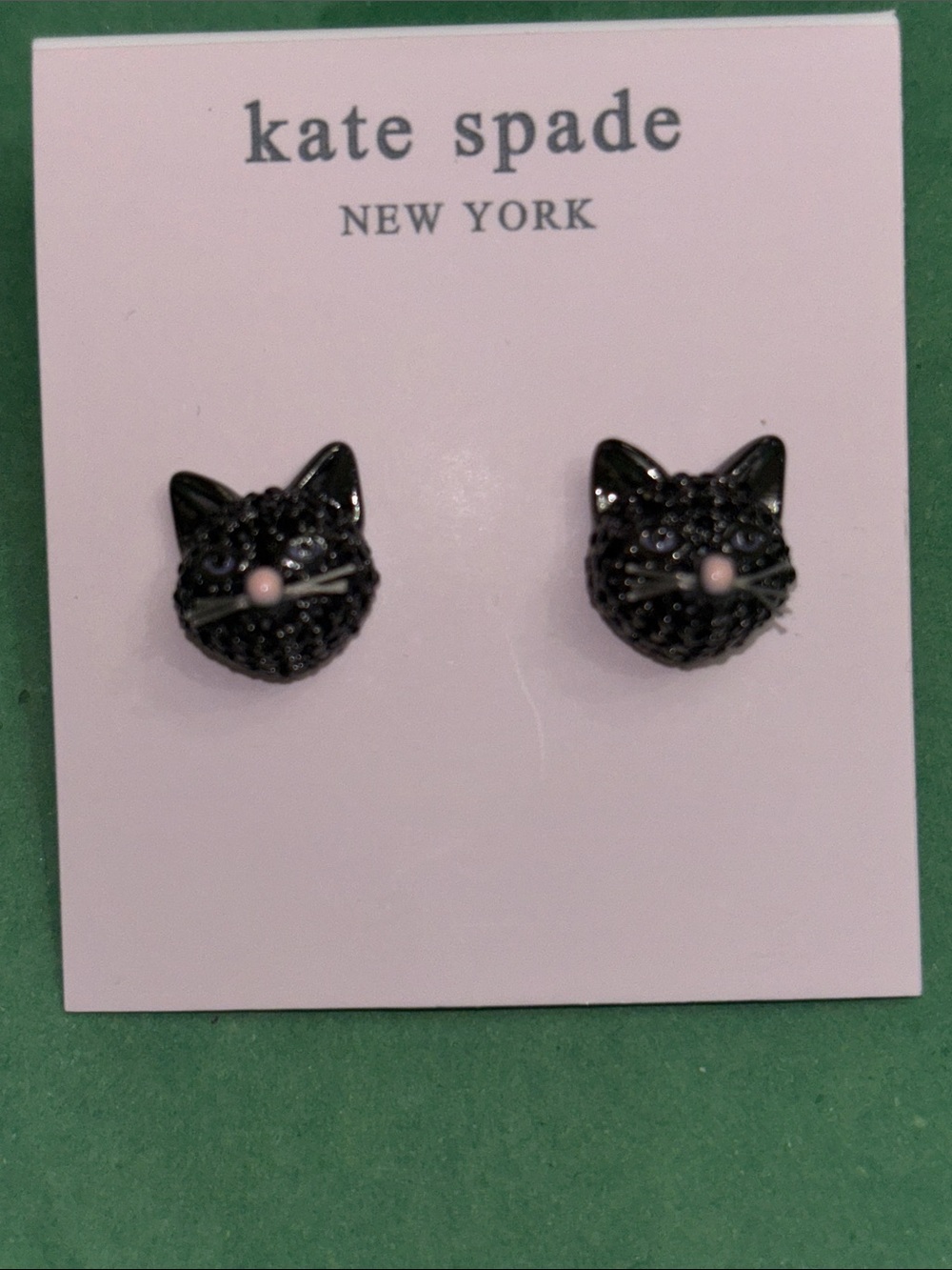 kate spade black cat face stud earrings with pink nose
